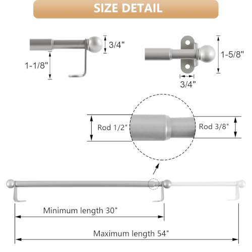Cafe Curtain Rod 30-54 Inch, 1/2" Diameter, Door Curtain Rod, Nickel - color: Nickel, size: 30-54 Inch