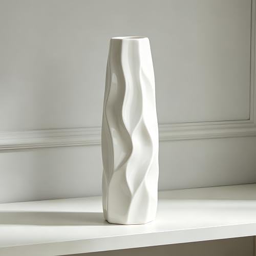 White Ceramic Flower Vase, 12 Inch, Pleated Wave Design