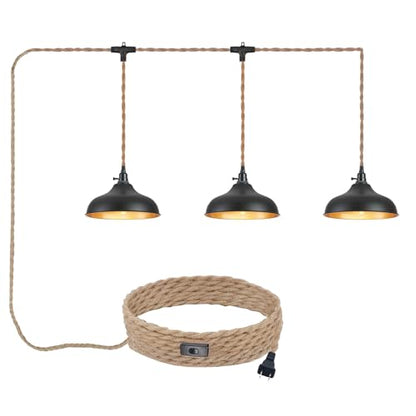 3 Light Plug in Pendant Lights Dome Hanging Lamp with Switch 22 Ft Long Hemp Rope Farmhouse Pndant Light Cord Lighting Fixture DIY Hanging Light - color: B 3 Lights