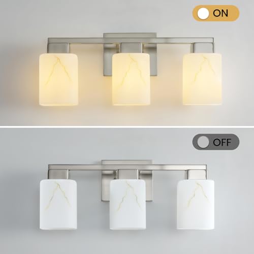 3-Light Square Bathroom Light Fixture, Brushed Nickel Modern Vanity Light with White Marble Glass Shade, for Bathroom Mirror, Living Room, Bedroom, Hallway, E26 Base - color: Brushed Nickel, size: 3-Light