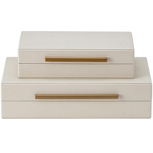XIGEXIGE Faux Leather Large Modern Stackable Nesting Jewelry Box with Lids Organizer – Set of 2 Beige Shagreen Decorative Storage Boxes with Gold Metal Handles - color: Beige+Gold Handles, size: Set of 2