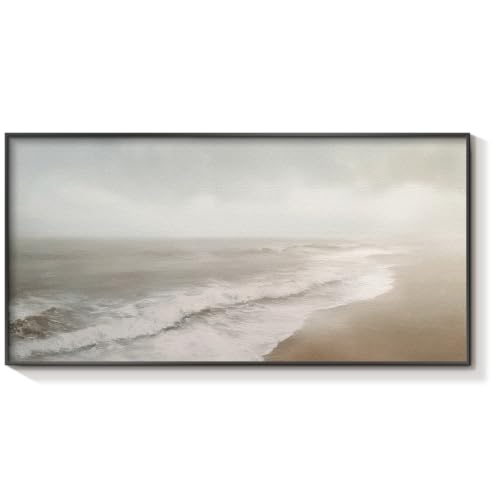 HUARCEY Sand Texture Canvas Wall Art 20"x40", Black Metal Framed Neutral Coastal Horizon Painting Print Modern Minimalist Misty Ocean Artwork for Living Room Bedroom Office Gallery Wall Decor - color: Cloudy beach