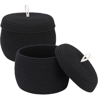 Sea Team Round Woven Cotton Rope Storage Basket with Lid, Black, 2-Pack - color: Black, size: Small/2-Pack