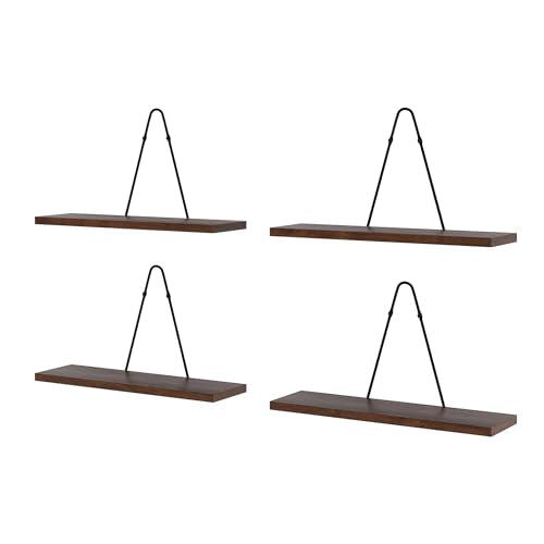Rustic State Moma Wall Mounted Narrow Decorative Floating Shelves with Triangle Brackets - Picture Ledge, Display for Collectibles Memorabilia Awards Objects Toiletries - Set of 4 - Walnut
