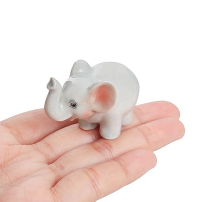 Mini Ceramic Elephant Figurine, Cute White Elephant Statue with Pink Ears, Small Animal Collectible for Desk, Shelf, and Home Decor, Gift for Elephant Lovers