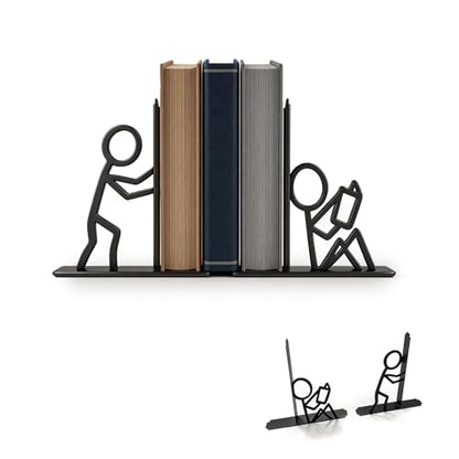 Decorative Bookends, Creative Metal Book Ends for Shelves, Unique Stick Figure Design Book Holders for Home Office Desk Decor, Black