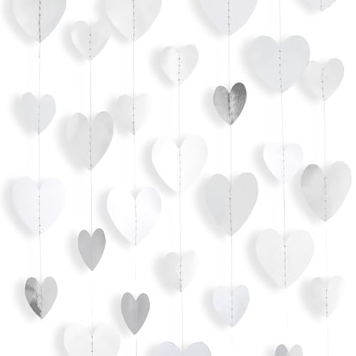 Metallic Silver Heart-Garland Party Streamers Valentines-Decorations - 56ft Twinkle Gold Hanging Paper Banner Birthday Sweetheart Baby Shower Galentines Day Photoshoot Props Christmas Decor - color: Metallic Silver
