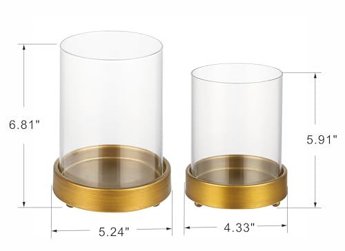 Set of 2 Glass Hurricane Candle Holders for Pillars with Minimalism Metal Base in Antique Brass, Glass Candle Holder, Centerpiece, for Weddings, Dinner Parties, Dining Tables, Console Tables, Mantels - color: Antique Brass, size: Set of 2 Minimal Base