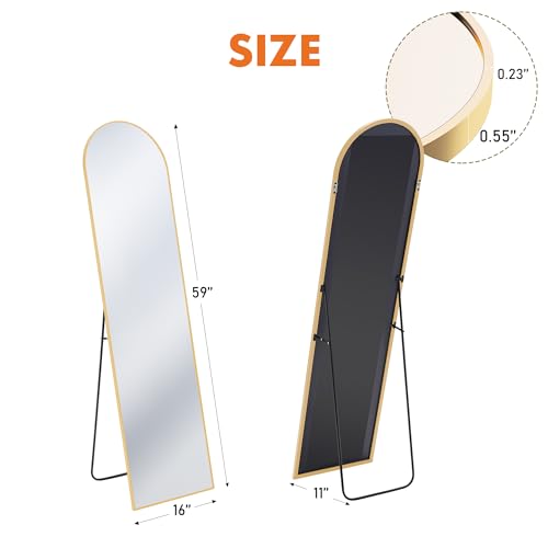 OLIXIS Arched Full Length Mirror 59"x16.3" for Bedroom, Full Body Mirror with Stand, Hanging or Leaning for Wall, Aluminum Alloy Thin Frame Floor Standing for Living Room, Long, Gold