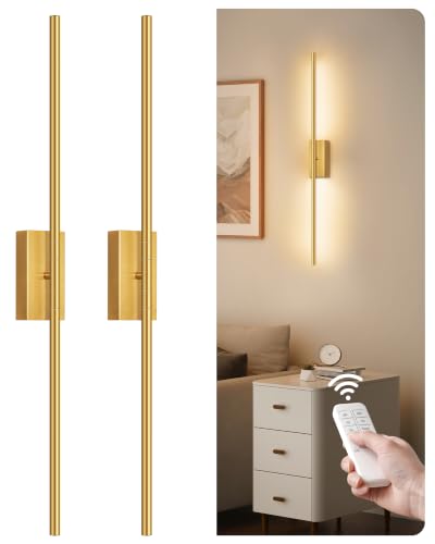 34.6" Wireless Battery Operated Wall Sconces Set of Two,Rechargeable Lamp with Remote, 360° Rotation, 10000mAh Battery, Touch Dimmable Lights for Living Room Hallway Bedroom, Gold D05YBP205 - color: Gold, size: 34.6 Inches