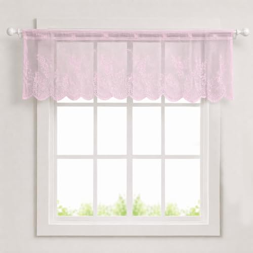 Molaxhome Kitchen Curtains Valance Pink Lace Floral Semi Sheer Curtain - color: Pink, size: 51"W x 16"L (Pack of 1)