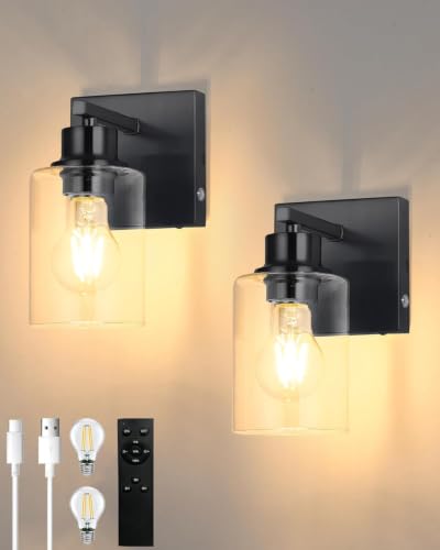 Wireless Battery Operated Wall Sconce Set of Two with Remote Control | Black Dimmable Rechargeable Wall Lights with Timer, Easy Install Clear Glass Lamp for Living Room Bedroom, Emergency 3000K - color: Black(Clear Lampshades)