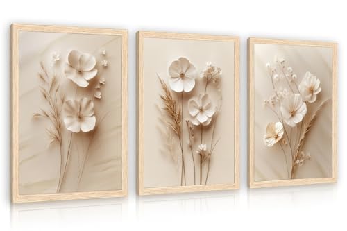 GELDSTEI Wood Framed Simple Beige Floral Wall Art Set of 3, 12x16 in | Neutral Minimalist Botanical Wall Decor, Simple Vintage Art Prints for Living Room Bedroom Farmhouse - color: Off-white(Wood), size: 16"L x 12"W