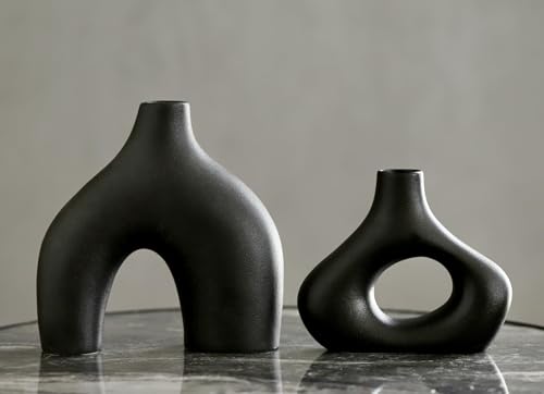 Carrot's Den Black Ceramic Modern Vase Set of 2, Donut Shelf Decor, Black - color: Black