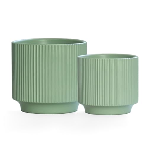 Ceramic 4.9+6.3 inch Planters, Modern Home and Office Flowerpot, Indoor and Outdoor Flowerpot with Drainage Hole (Green) - color: Green