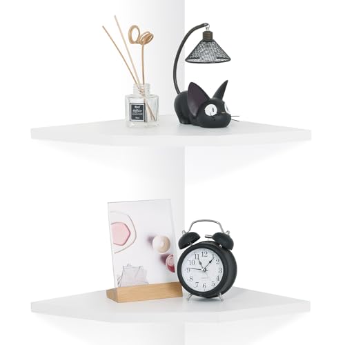 Corner Wall Shelves Set of 2, Rustic Wood Corner Floating Shelves with Cable Raceway, Wall Mount Storage Display for TV Accessories, Baby Monitor, Speaker, Cable Box (White, Diamond- 10 Inch)