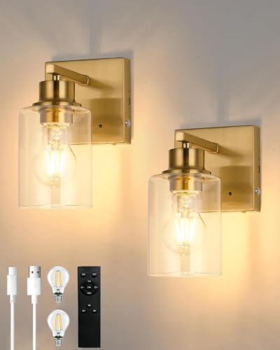 Rayogale Wireless Battery Operated Wall Sconce Set of 2 with Remote Control | Gold Dimmable Rechargeable Wall Lights with Timer, Easy Install Glass Lamp for Living Room Bedroom, Emergency 3000K - color: Gold(Clear Lampshades)