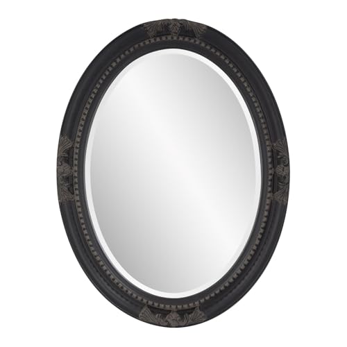 Howard Elliott Collection Queen Ann Antique Black Oval Mirror, Bevelled Vintage Hanging Wood Framed Vanity Wall Mirrors for Home Decor, Living Room, Bathroom, Bedroom, or Hallway, 25 x 33 Inch - color: Antique Black, size: 33"L x 25"W, style: Queen Ann Mi