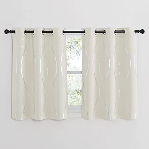 NICETOWN Bedroom Curtains Small Blackout Panels, Beige, Set of 2, 42 by 40 Inch, Window Treatment Thermal Insulated Solid Grommet Blackout Wave Line Foil Print Design Curtains for Kitchen, Cafe, Loft - color: 1 - Beige, size: 42"W x 40"L (Pack of 2)