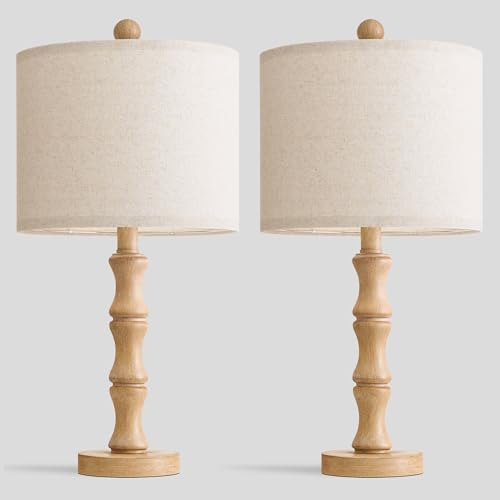 BOBOMOMO 20.5" Farmhouse Table Lamps Set of 2, Rustic Nightstand Lamps with Wood Grain Resin Base & Linen Shade, Small Bedside Lamps for Bedroom, Living Room, Apartment Side Table & Small Spaces - color: SMALL 20.5"-Burlywood Color
