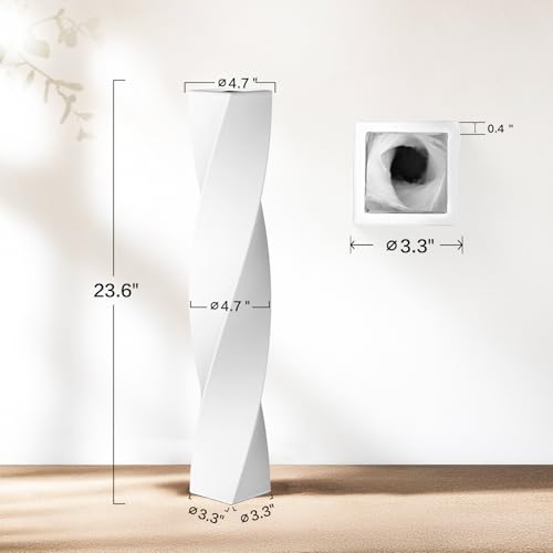 Tall Floor Vase - 23.6 Inch Modern Square Twist Vases for Home Decor, Large Decorative White Vase for Dried Flowers, Pampas Grass, Centerpiece - Matte Finish - color: White, size: 23.6 in