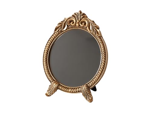HSDDHOME Small Round Gold Vintage Vanity Mirror – 9.5" x 12.5" Small Baroque Desktop Mirror, Antique Freestanding Dressing Table Mirror for Bedroom, Living Room, and Countertop Décor