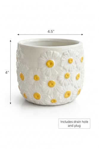 4.5 Inch Ceramic Planter Pot with Drainage Hole-Indoor Outdoor Flower Pot for Houseplants, Succulents & Flowers, Home Decor, Daisy Pattern - style: Daisy