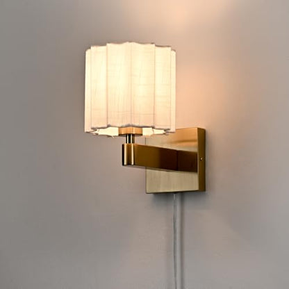 Plug in Gold Wall Sconce Mid Century Modern Pleated Linen Shade - color: Gold