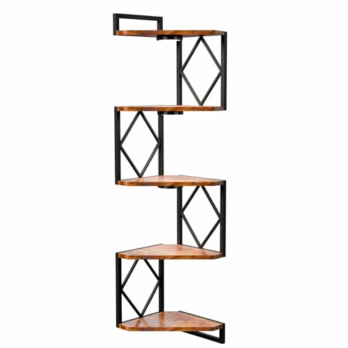 HAAYOT Corner Shelf Wall Mounted: 5-Tier Floating Shelves with Lights for Living Room, Bedroom, Home Office, Rustic Brown