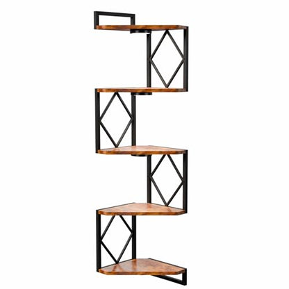 HAAYOT Corner Shelf Wall Mounted: 5-Tier Floating Shelves with Lights for Living Room, Bedroom, Home Office, Rustic Brown