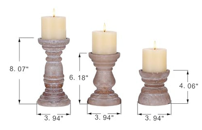 Rustic Wooden Pillar Candle Holders Set of 3 InDistressed Brown, Florence Style, Farmhouse Wooden Candle Holder, Wooden Candle Stand, Small Wooden Candlestick Holders, Living Room, Table Centerpiece - color: Rustic Brown