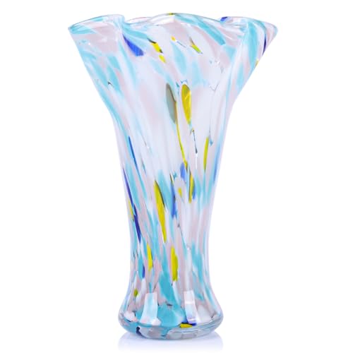 9.0" H Blue White Glass Vases for Flower, Unique Hand Blown Glass Vase - color: Multicolor Blue