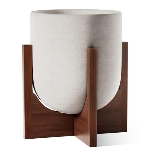 LE TAUCI 12 Inch Ceramic Planter with Acacia Wood Stand, Neutral Gray - color: Neutral Gray, size: 12 Inch