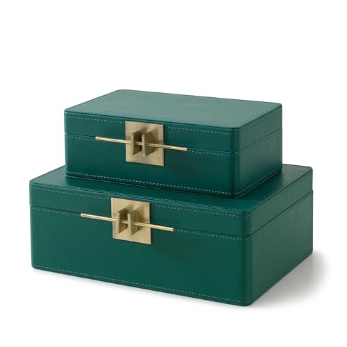 Soul & Lane - Faux Leather Boxes with Lids, Set of 2, Emerald Green
