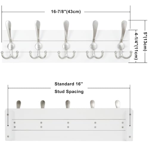 SKOLOO Matte White Solid Wood Wall Mounted Coat Rack, 5 Hooks, 17" Long - Kitchen, Mudroom, Entryway, Bathroom - Includes Mounting Hardware, Wall Coat Hanger, Towel Rack - color: White Plates & Nickel Hook, size: 1 Item-5 Hooks