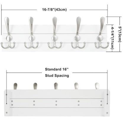 SKOLOO Matte White Solid Wood Wall Mounted Coat Rack, 5 Hooks, 17" Long - Kitchen, Mudroom, Entryway, Bathroom - Includes Mounting Hardware, Wall Coat Hanger, Towel Rack - color: White Plates & Nickel Hook, size: 1 Item-5 Hooks