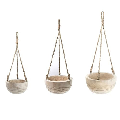 CYS EXCEL Small Wooden Hanging Planter Paulownia Wood Bowl Basket with Jute Rope for Indoor Plants Succulents - size: 7.75"