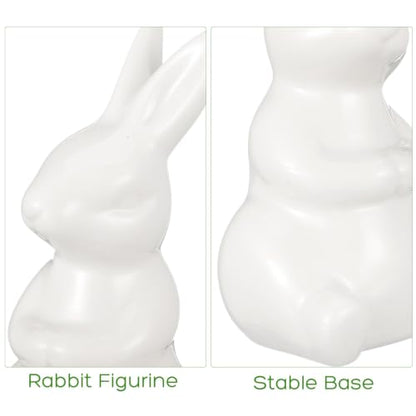 2Pcs Easter Bunny Figurines White Ceramic Rabbit Statues for Spring Home Decoration, Small Animal Sculpture for Tabletop Centerpiece, Cute Mini Holiday Party Shelf Ornaments
