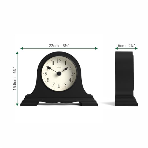 JONES CLOCKS® Speakeasy Small Mantel Clock | Classic Napoleon’s hat Design | Black | Contemporary Classic Style for Desk, Table, Shelf or Bedside - color: Black