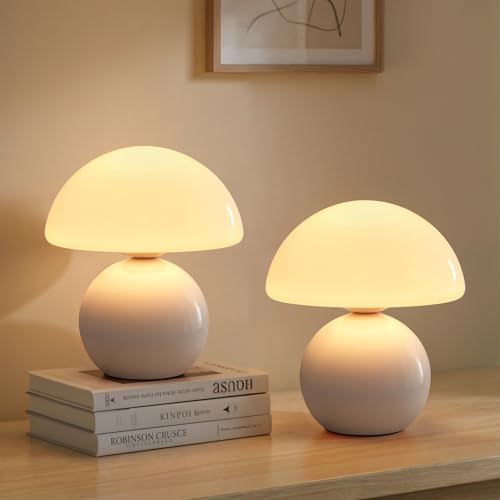 NIORSUN Wireless Mushroom Lamp Set of 2,Table Lamp for Bedroom, Portables Cordless Lamps,Wireless Light,Bedside Table Lamp for Living Room,Mini Mushroom 5200mAh Battery Operated Lamps Modern (White) - color: White, size: 2 Pack-Wireless