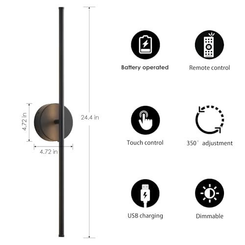 KARTOOSH Battery Operated Wall Sconces Set of Two Wireless Wall Lights - color: Black, size: 24.4 Inches