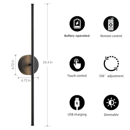 KARTOOSH Battery Operated Wall Sconces Set of Two Wireless Wall Lights - color: Black, size: 24.4 Inches