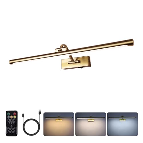 5W LED Wireless Picture Lights with Remote and Timer 23.6 Inch Rechargeable Brass Gallery Lighting Battery Operated Art Lights Over Frame Portrait - color: Battery Operated Brass, size: 24 Inch