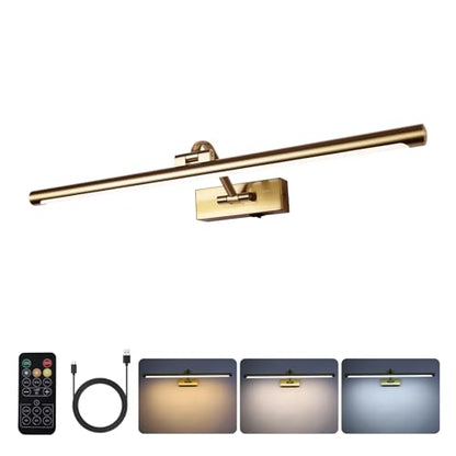 5W LED Wireless Picture Lights with Remote and Timer 23.6 Inch Rechargeable Brass Gallery Lighting Battery Operated Art Lights Over Frame Portrait - color: Battery Operated Brass, size: 24 Inch
