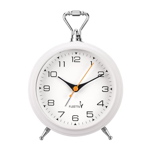 FLOITTUY 4.5" Battery Operated Antique Retro Analog Metal Alarm Clock, Silent Bedside Desk Clock, Wall-Hanging Vintage Clock(White) - color: White
