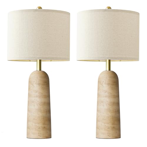 BOBOMOMO Modern Table Lamp Set of 2, Warm Beige Resin Lamp with Natural Stone Look, 27.25" Lamps for Living Room with Linen Shades, Bedside Lamp for Bedroom, Living Room, Nightstand, Entryway - color: Warm Beige, size: 27.25"
