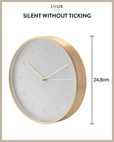 LUUK LIFESTYLE Modern Silent Quartz Wall Clock, 10in, White & Gold | Designed in Germany, Simple & Elegant, Non-ticking, Analog, Battery operated, Housewarming gift, for Living room, Bedroom - color: White, 10"