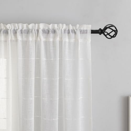 YJ YANJUN White Striped Sheer Curtains 63 inch Length, Boho Window Panels - color: White, size: 52"W x 63"L (Pack of 2)