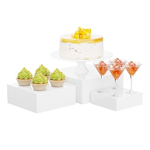 3 Pack Acrylic Cube Risers Acrylic Boxes for Food Buffet Risers Decorative Stands 6IN To 10IN with Hollow Bottoms 3 Sizes for Party Catering Dessert (White) - color: White
