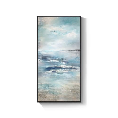 Framed Abstract Coastal Ocean Wall Art, Blue Vertical Art Print, 20x40 Inch - color: Blue White, size: 40"L x 20"W